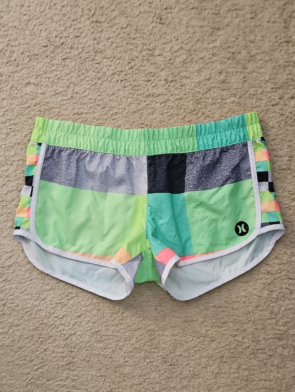Hurley Neon Green & Teal Patchwork Women's Athletic Shorts